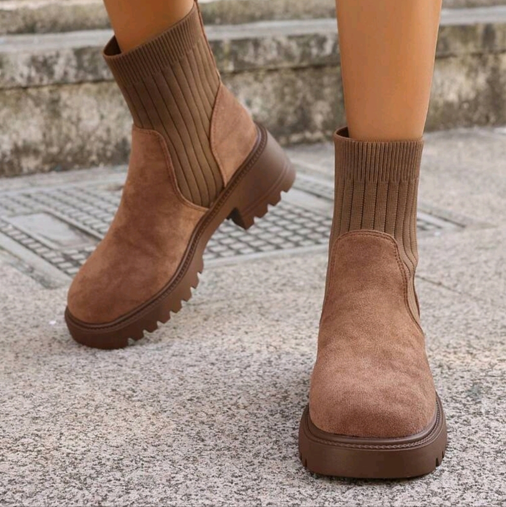 Women's Brown Thick-Sole Suede Patchwork Chelsea Boots With Elastic, - Picture 2 of 6